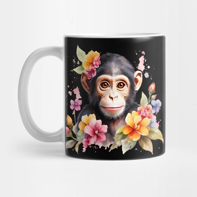 A baby chimpanzee decorated with beautiful watercolor flowers by CreativeSparkzz